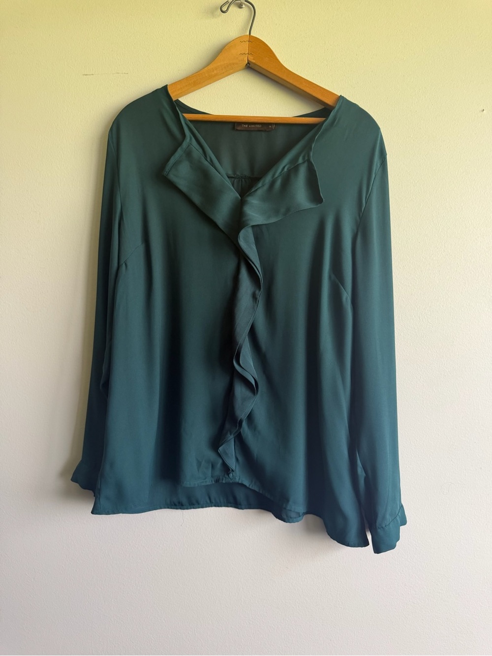 The Limited Vintage Silk Teal Ruffle-Front Long Sleeve Blouse